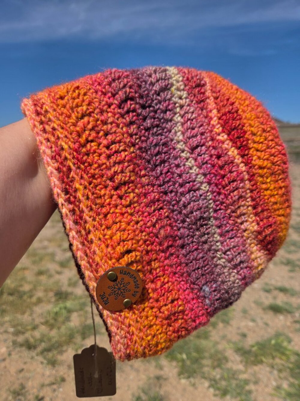 Artisan Handmade Crochet "Monsoon Sunset" Cozy Beanie Hat - Picture 4 of 6